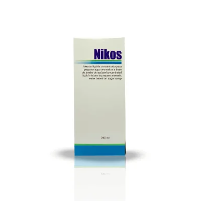 Nikos mezcla líquida natural 240 ml, frasco y caja del Laboratorio Homeopático Alemán.