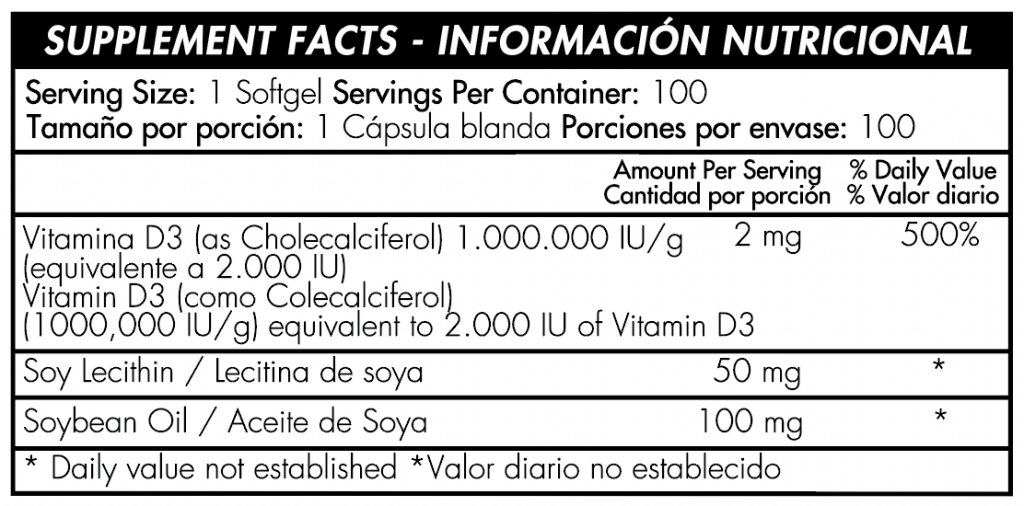 VITAMINA D3 Healthy america Tabla nutricional