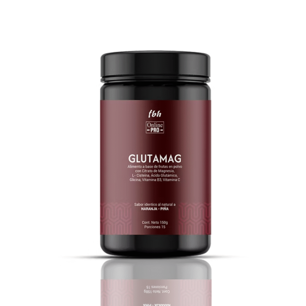 GLUTAMAG suplemento en polvo 150g con Citrato de Magnesio, L-Cisteína, Ácido Glutámico y vitaminas – frasco sabor naranja piña.
